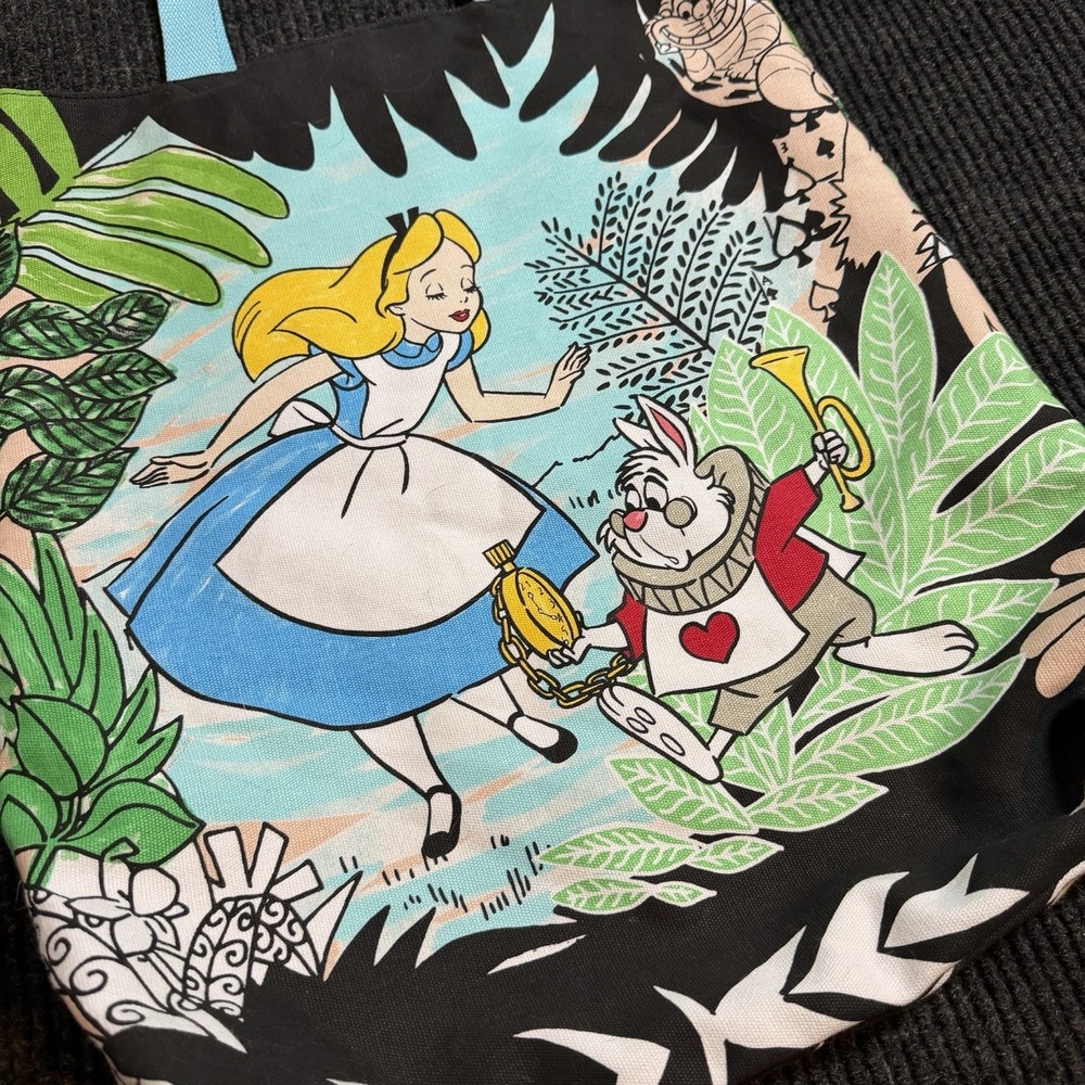 Disney Alice in Wonderland Tote Bag Canvas White Rabbit Clock EUC